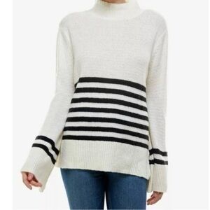 Q+A Cream and Black Pullover Mock Neck Striped Bell Sleeve Sweater